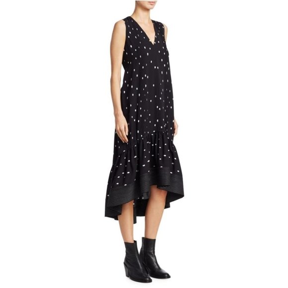 3.1 Phillip Lim Snowbird Printed Silk Dress with High-Low Hem / Size 2 / Black - Picture 4 of 11